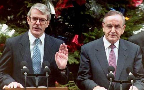 John Major and Albert Reynolds address the media outside Downing Street on the day the Declaration was published