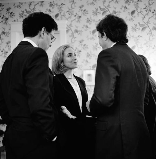 Hillary Clinton, then First Lady, meets new British Labour leader Tony Blair (right) at a reception in the home of SIdney Blumenthal (left)